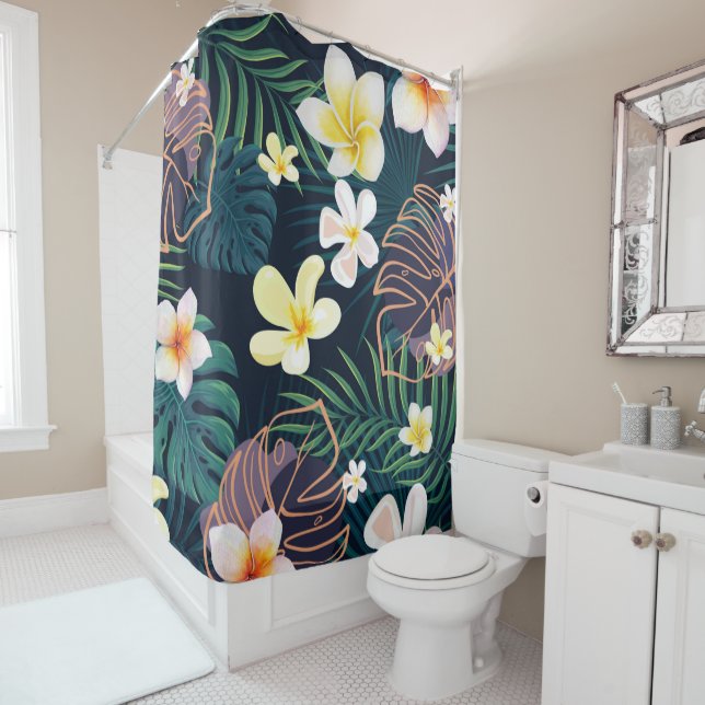 Tropical monstera leaves plumeria flowers shower curtain (In Situ)