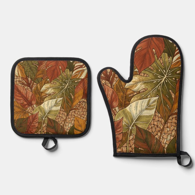  Tropical Monstera Leaves Rust Green Botanical Oven Mitt & Pot Holder Set (Front)