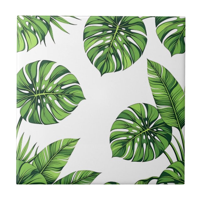 Tropical Monstera Leaves Seamless Pattern Green Tile (Front)