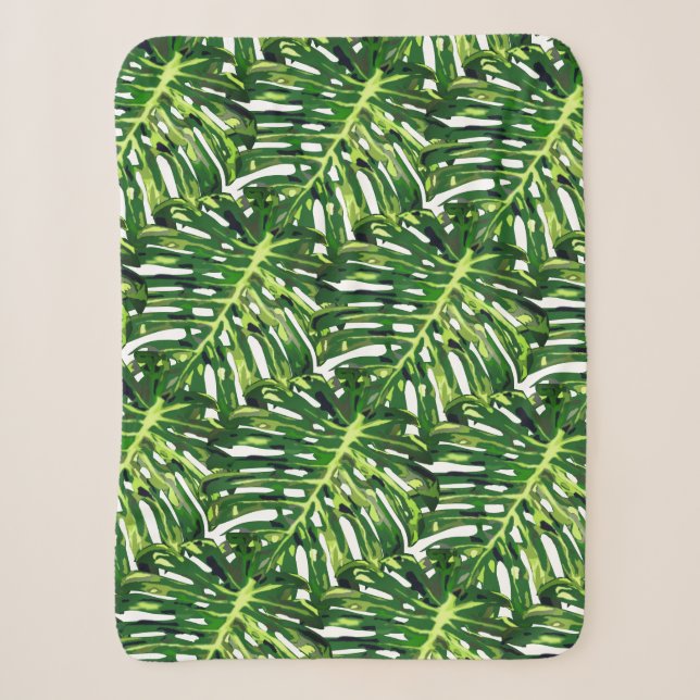 Tropical Monstera Leaves Sherpa Blanket (Front)