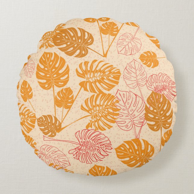 Tropical monstera leaves. silhouette drawing Seaml Round Cushion (Front)