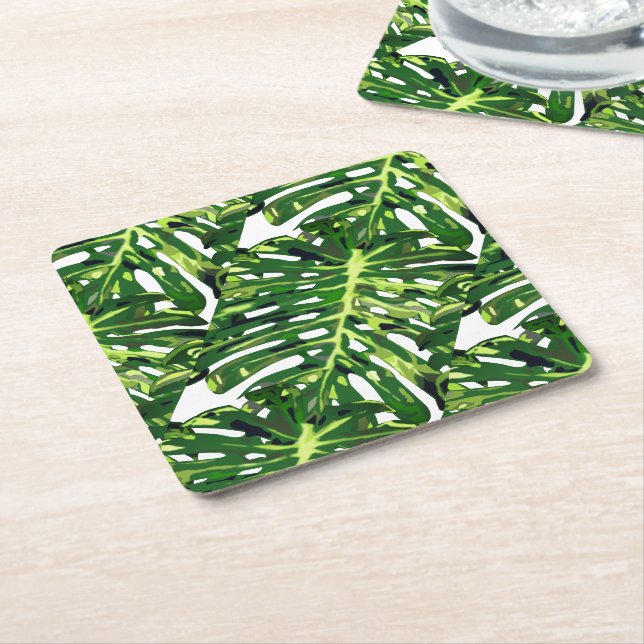 Tropical Monstera Leaves Square Paper Coaster (Angled)