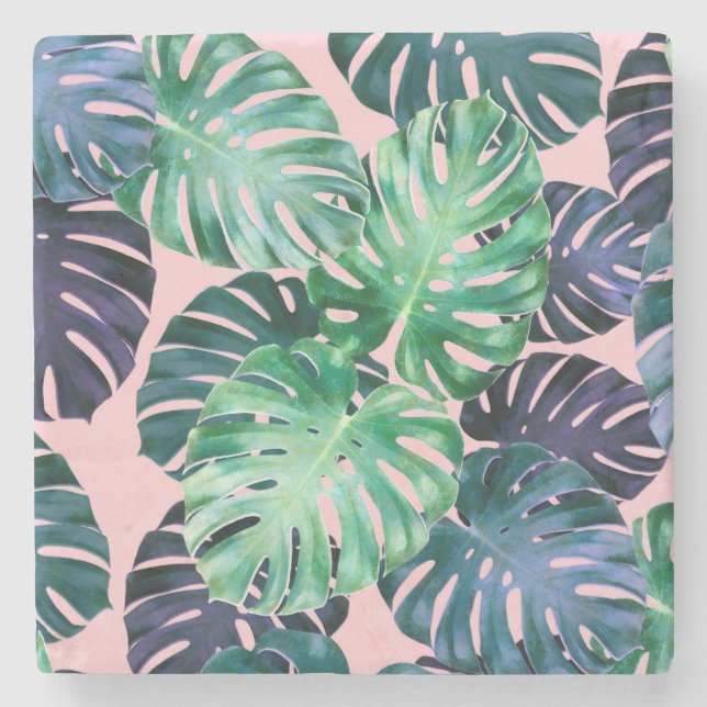 Tropical Monstera Leaves Stone Coaster (Front)