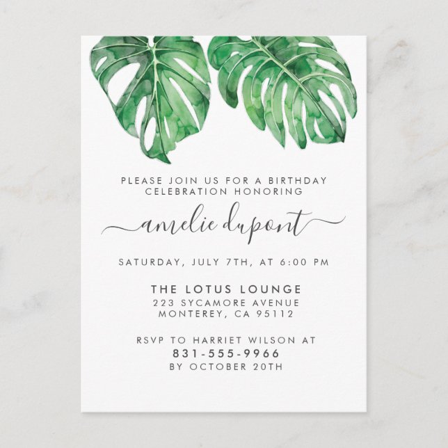 Tropical Monstera Leaves Stylish Script Birthday Invitation Postcard (Front)
