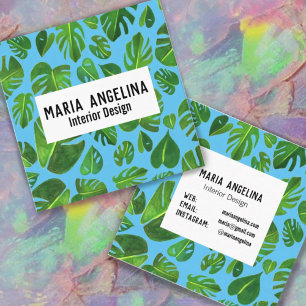 Tropical Monstera Leaves Watercolor Design Square Business Card
