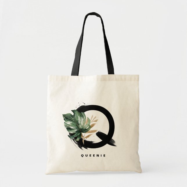 Tropical Monstera Letter Q Monogram Bridesmaid Tote Bag (Front)