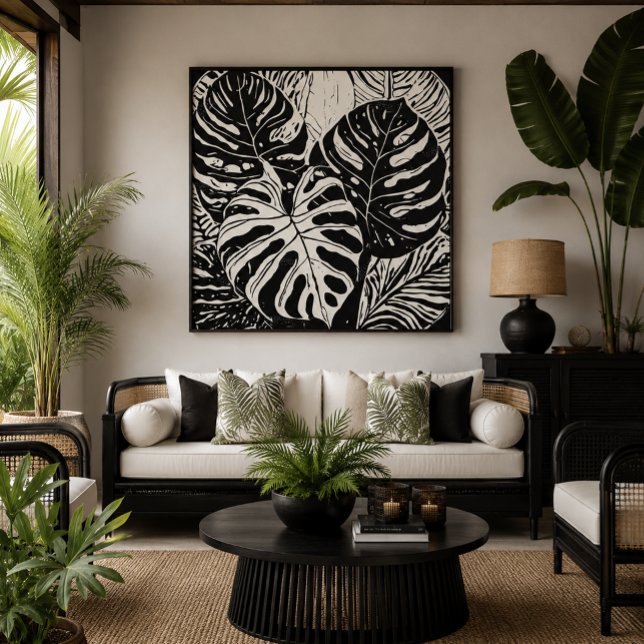 Tropical Monstera Linocut style art Canvas Print (Creator Uploaded)
