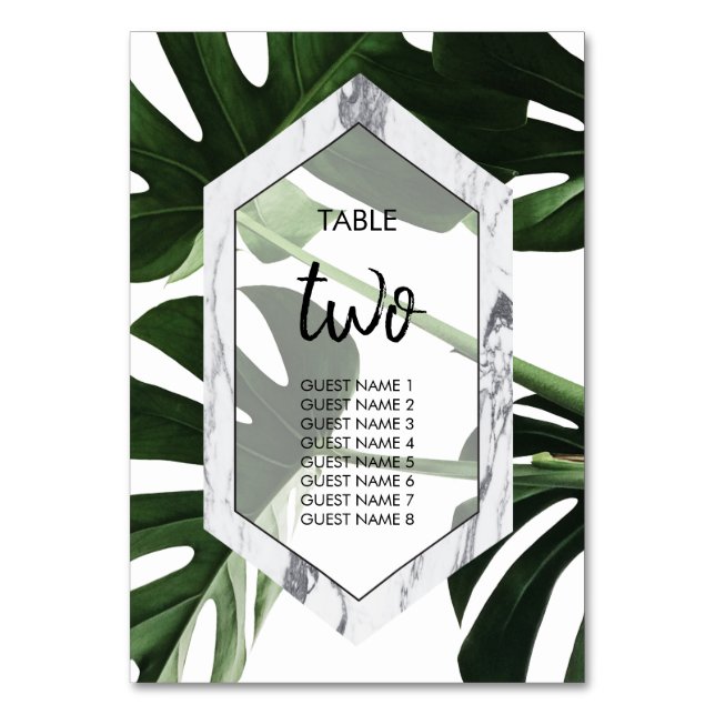 Tropical Monstera Marble Wedding Guest Names Table Number (Front)