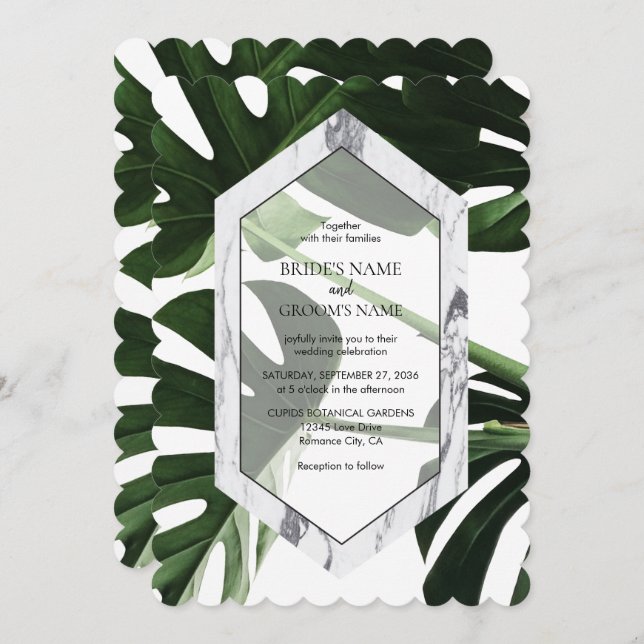 Tropical Monstera Marble Wedding Invitations (Front/Back)