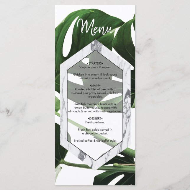 Tropical Monstera Marble Wedding Menu (Front)
