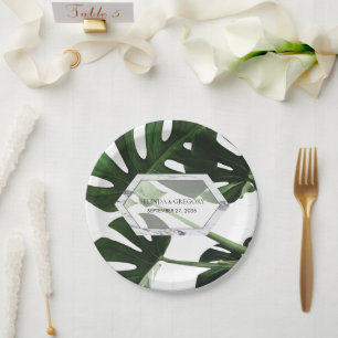 Tropical Monstera Marble Wedding  Paper Plate