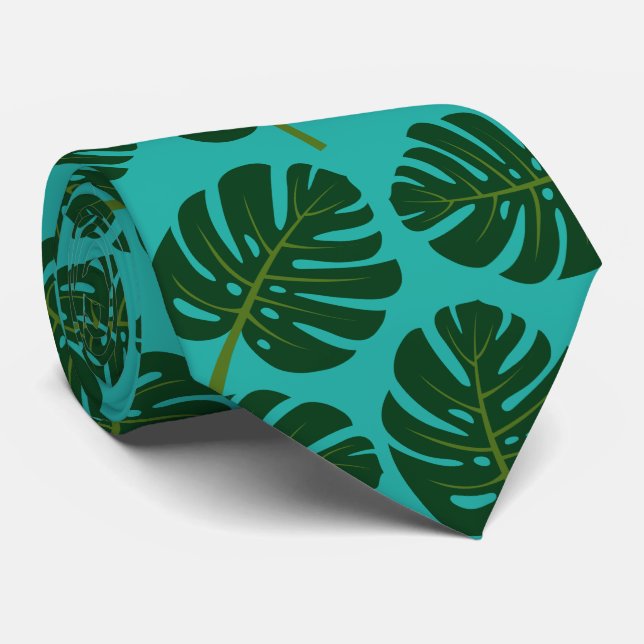 Tropical Monstera palm leaf floral print neck tie (Rolled)