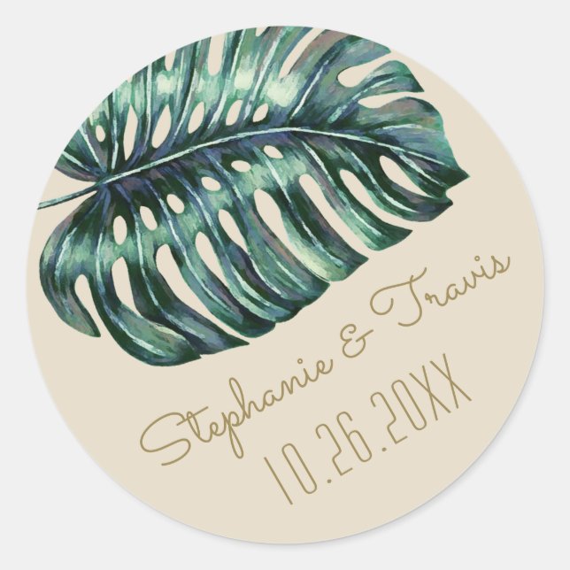 Tropical Monstera Palm Leaf Wedding Classic Round Sticker (Front)