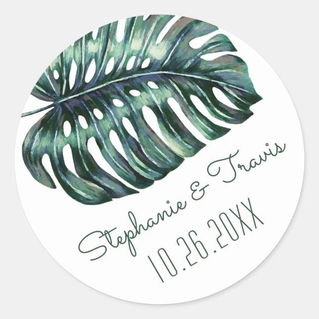 Tropical Monstera Palm Leaf Wedding Date Classic Round Sticker (Front)