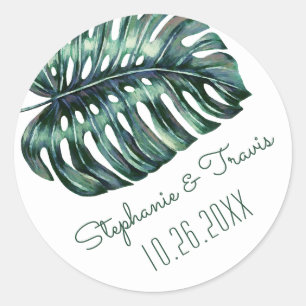 Tropical Monstera Palm Leaf Wedding Date Classic Round Sticker