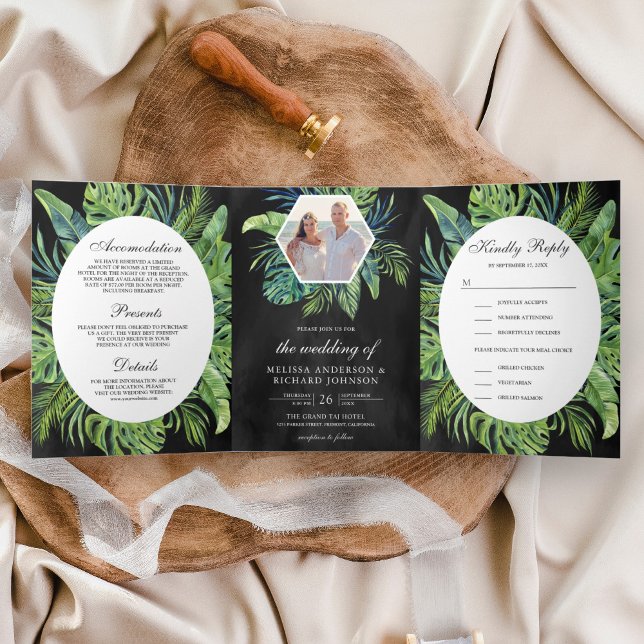 Tropical Monstera Palm Leaves Black Wedding Tri-Fold Invitation (Creator Uploaded)