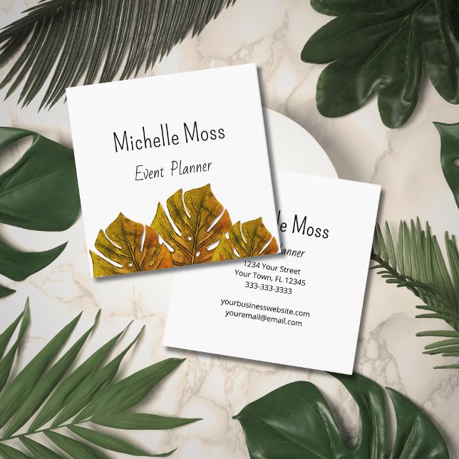 Tropical Monstera Palm Leaves Elegant Botanical  Square Business Card (Creator Uploaded)