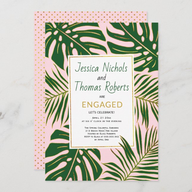 Tropical monstera palm leaves engagement party invitation (Front/Back)