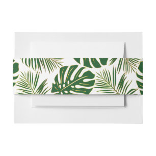 Tropical monstera, palm leaves green gold wedding invitation belly band