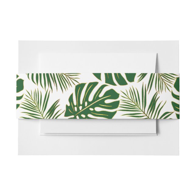 Tropical monstera, palm leaves green gold wedding invitation belly band (Front Example)