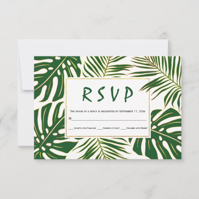 Tropical monstera, palm leaves green wedding RSVP Card (Front)