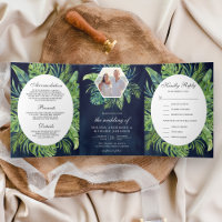 Tropical Monstera Palm Leaves Navy Blue Wedding
