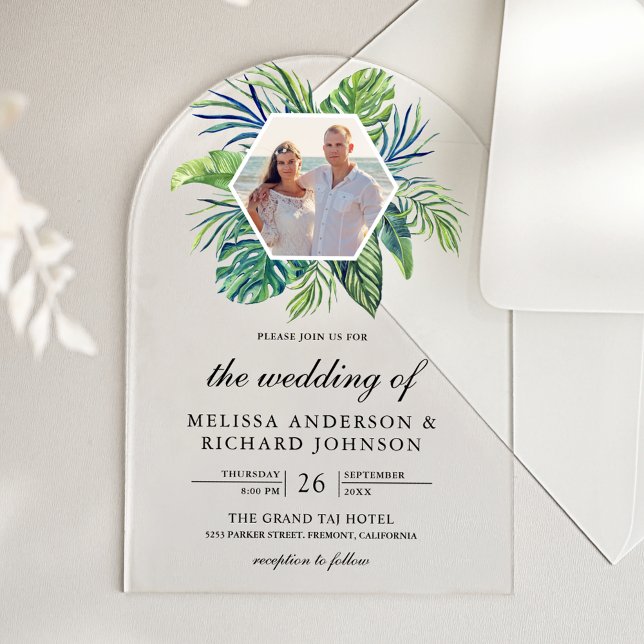 Tropical Monstera Palm Leaves Photo Wedding Acrylic Invitations (Creator Uploaded)