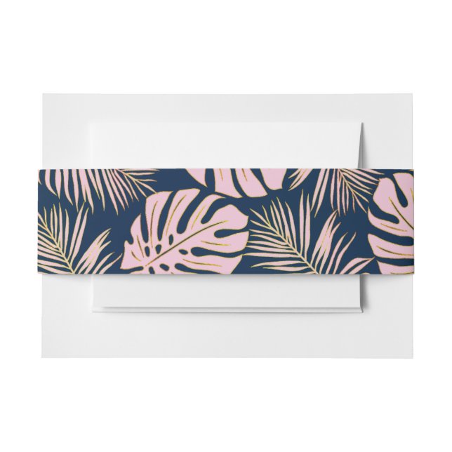 Tropical monstera, palm leaves pink navy wedding invitation belly band (Front Example)