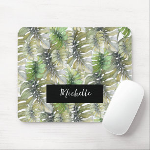 Tropical Monstera Palm Pastel Monogrammed Mouse Pad