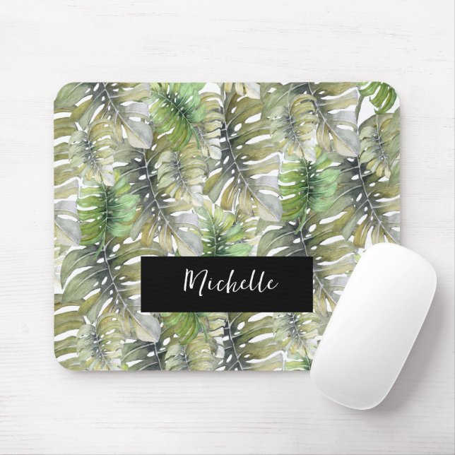Tropical Monstera Palm Pastel Monogrammed Mouse Pad (With Mouse)