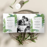 Tropical Monstera Palm Photo Collage Wedding Tri-Fold Invitation<br><div class="desc">Amaze your guests with this elegant tropical theme wedding invite featuring modern typography and rustic watercolor leaves. Simply add your event details on this easy-to-use template and adorn this card with your favourite photos to make it a one-of-a-kind invitation.</div>
