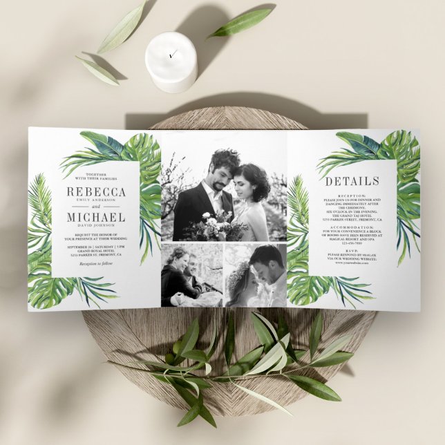 Tropical Monstera Palm Photo Collage Wedding Tri-Fold Invitation (Creator Uploaded)