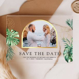 Tropical Monstera Palm Photo Wedding Save the Date Acrylic Invitations