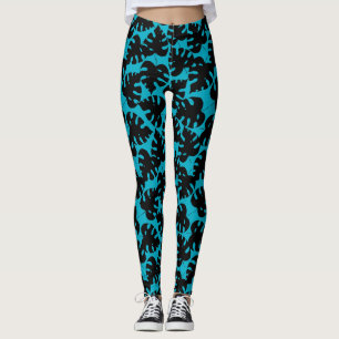 Tropical monstera pattern in black and aqua blue leggings