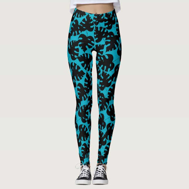 Tropical monstera pattern in black and aqua blue leggings (Front)
