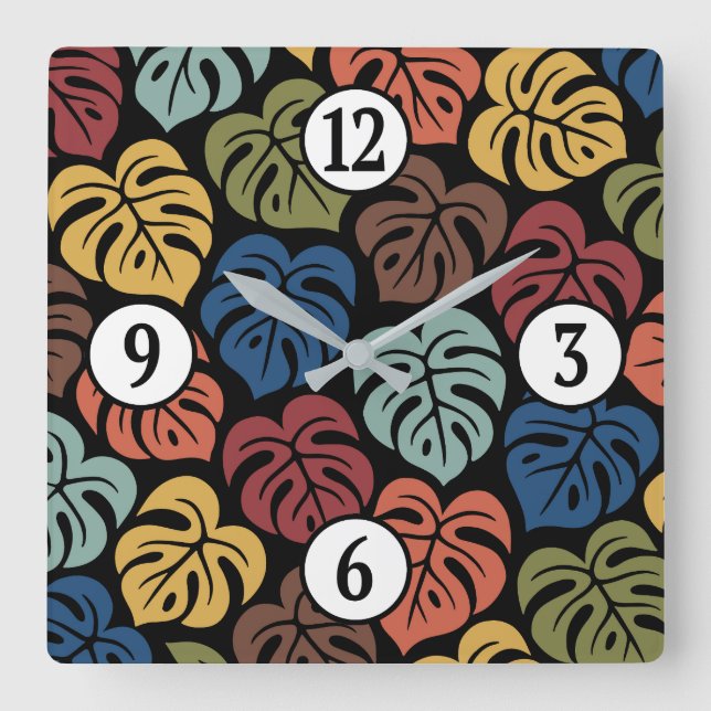 Tropical Monstera Pattern Square Wall Clock (Front)