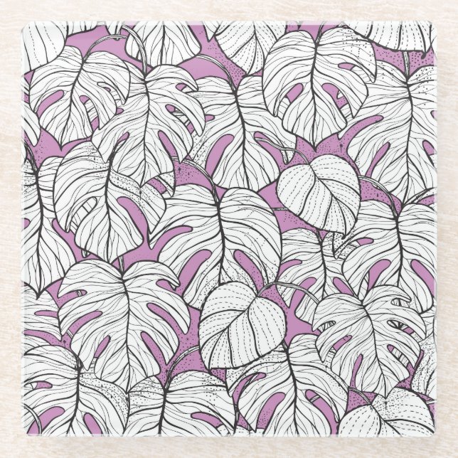 Tropical Monstera Plant Repeat Pattern Glass Coaster (Front)
