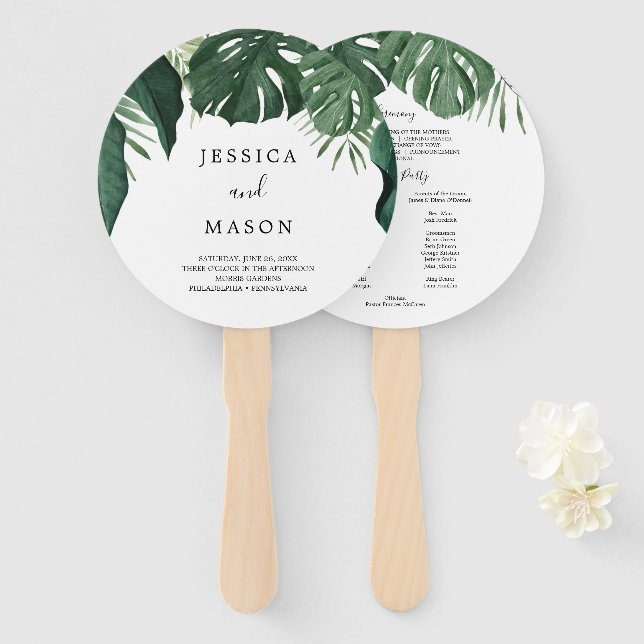Tropical Monstera Round Wedding Program Fan (Front and Back)