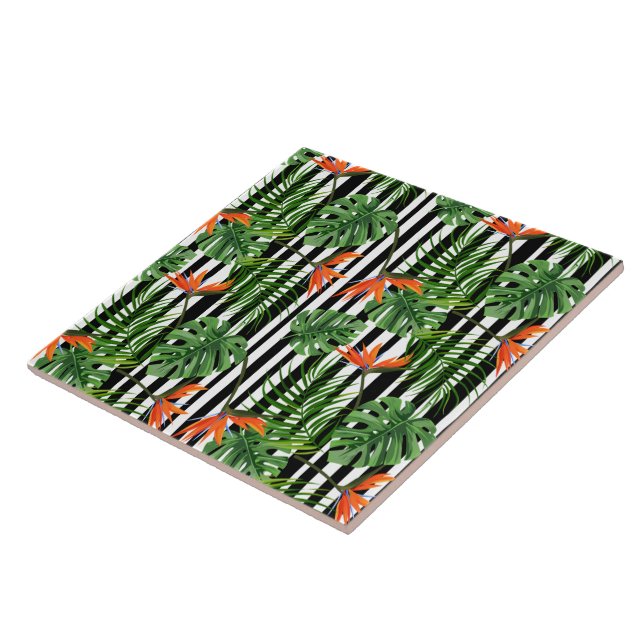 Tropical Monstera Striped Botanical Pattern Tile (Side)