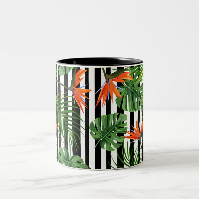 Tropical Monstera Striped Botanical Pattern Two-Tone Coffee Mug (Center)