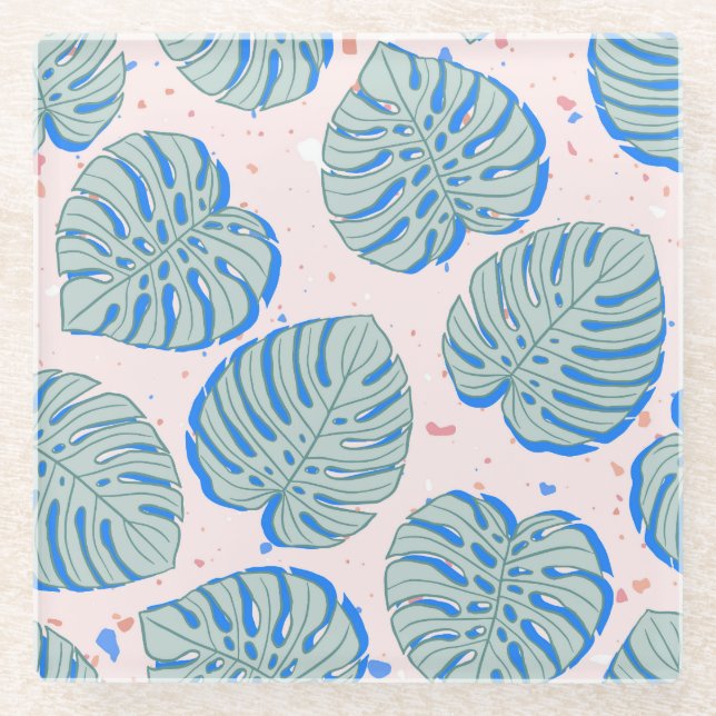Tropical Monstera: Terrazzo Vintage Pattern Glass Coaster (Front)