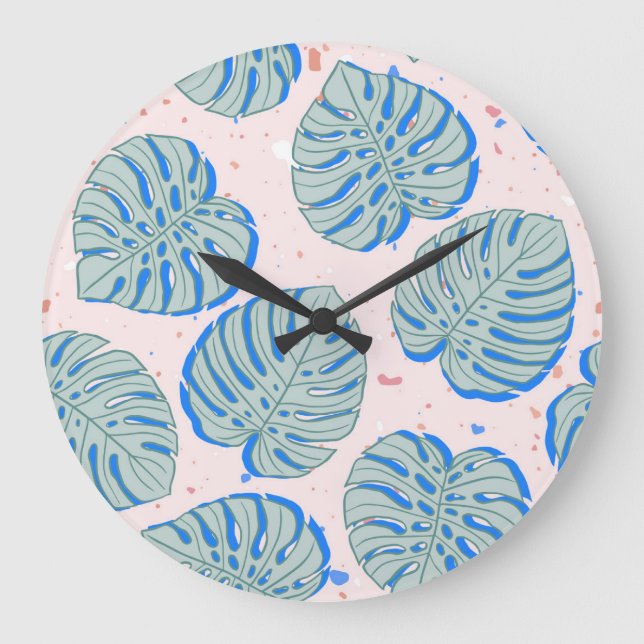 Tropical Monstera: Terrazzo Vintage Pattern Large Clock (Front)
