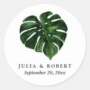 Tropical Monstera Watercolor Botanical Wedding Classic Round Sticker