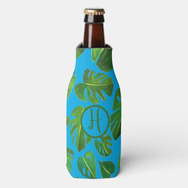 Tropical Monstera Watercolor Green CUSTOM Initials Bottle Cooler (Bottle Front)