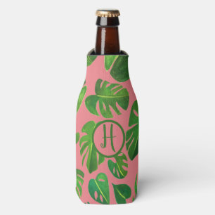 Tropical Monstera Watercolor Green CUSTOM Initials Bottle Cooler