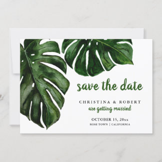 Tropical Monstera Watercolor Green Save The Date Invitation