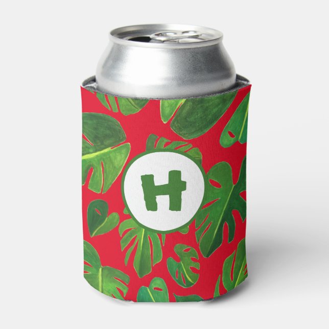Tropical Monstera Watercolor Holiday Green CUSTOM Can Cooler (Can Front)