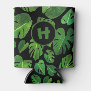 Tropical Monstera Watercolor Painting Green CUSTOM Can Cooler