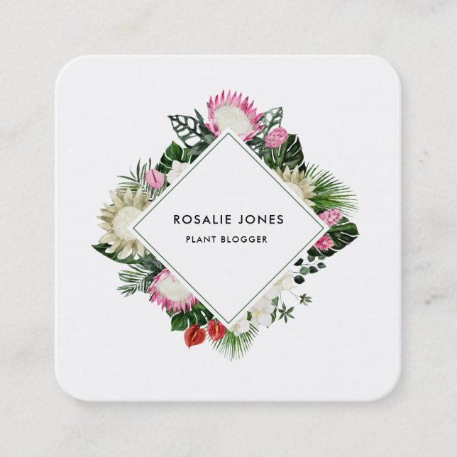 Tropical Monstera Watercolor Protea Flower Minimal Square Business Card (Front)