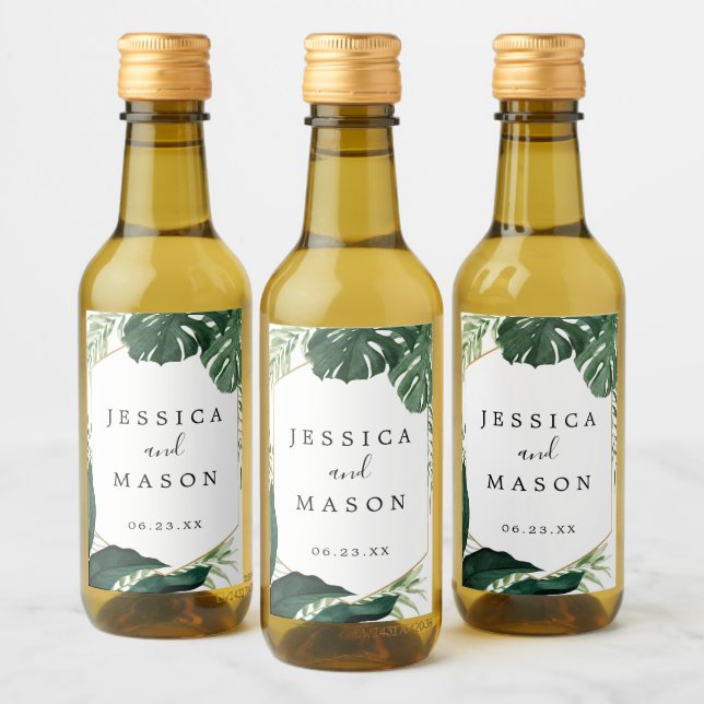 Tropical Monstera Wedding Mini Wine Labels (Bottles)